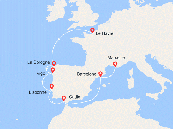 itinéraire croisière Méditerranée : Voyage au-delà des colonnes d'Hercule : Royaume-Uni, Espagne, Portugal