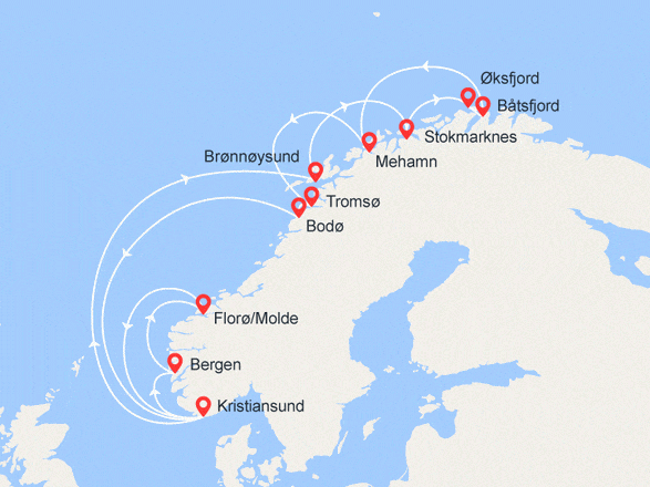 itinéraire croisière Fjords : Voyage Classique aller-retour : Bergen-Kirkenes-Bergen