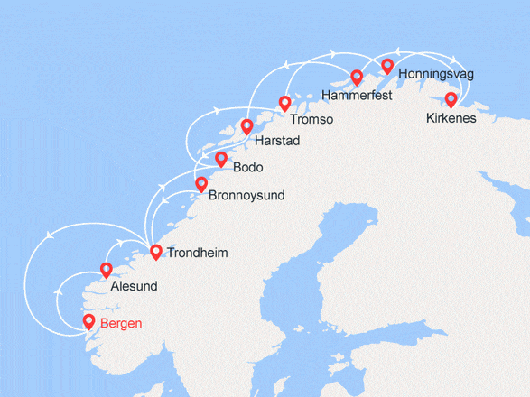 itinéraire croisière Fjords - Fjords : Voyage Classique aller-retour : Bergen-Kirkenes-Bergen