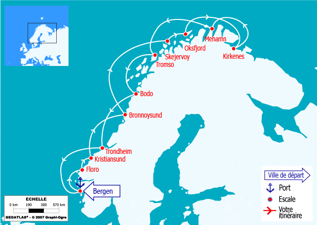 itinéraire croisière Fjords - Fjords : Voyage Classique aller-retour Bergen–Kirkenes–Bergen