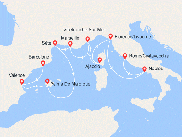 itinéraire croisière Méditerranée : Voyage en Méditerranée : Espagne, France, Italie
