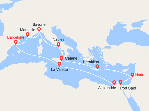 itinéraire croisière Méditerranée : Voyage en Terre Sainte : Italie, Espagne, Crète, Egypte, Israël