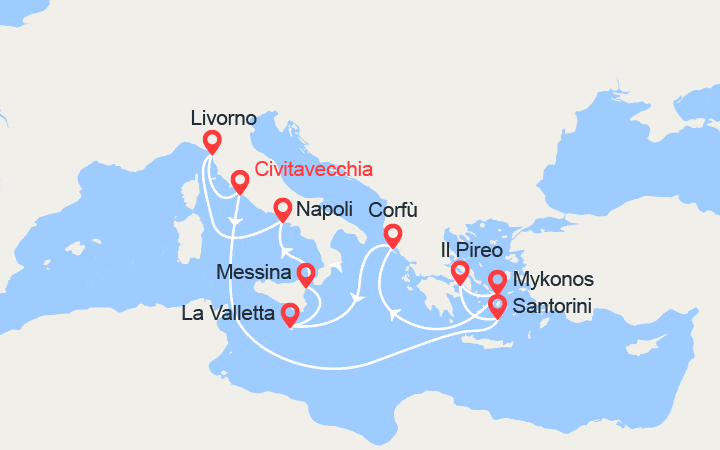 itinéraire croisière Mediterraneo Orientale - Mediterraneo Occidentale : Isole Greche, Malta, Italia 