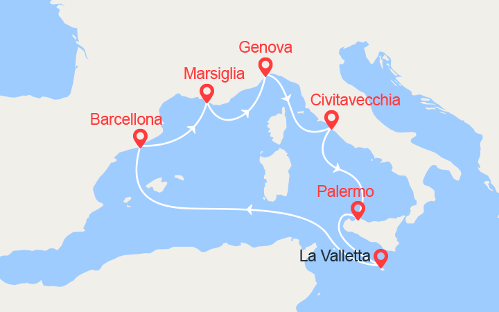 itinéraire croisière Mediterraneo Occidentale : Italia, Malta, Francia, Spagna
