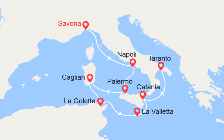 itinéraire croisière Mediterraneo Occidentale : Italia, Tunisia, Malta : da Savona a Taranto 
