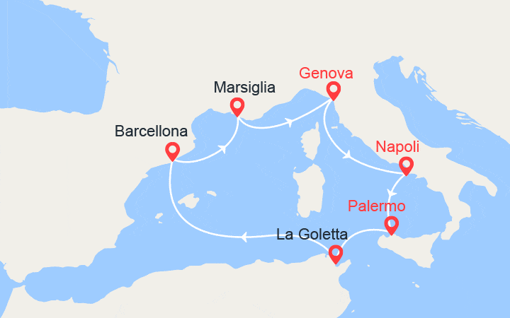 itinéraire croisière Mediterraneo Occidentale : Italia, Tunisia, Spagna, Francia 