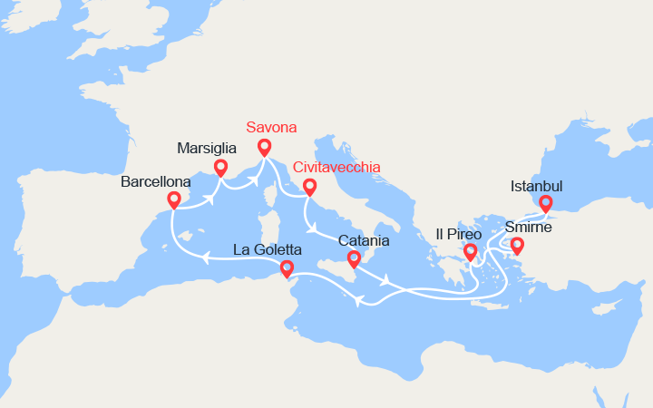 itinéraire croisière Mediterraneo Orientale : Italia, Turchia, Grecia,Tunisia, Spagna, Francia 