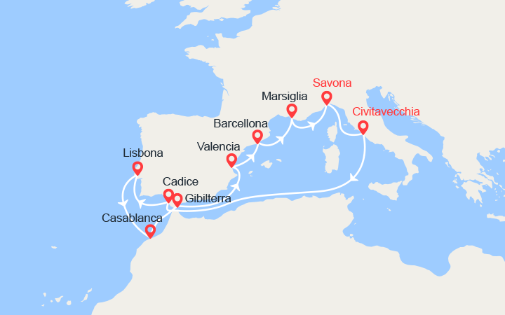 itinéraire croisière Mediterraneo Occidentale : Spagna, Portogallo, Gibilterra, Marocco 