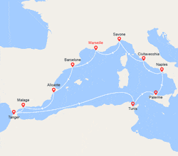 itinéraire croisière Méditerranée Occidentale : Espagne, Maroc, Tunisie, Sicile, Italie 