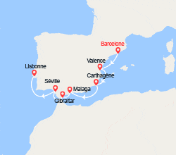 itin&eacute;raire croisi&egrave;re Méditerranée Occidentale : Espagne, Royaume-Uni, Portugal 