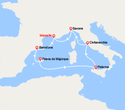 itinéraire croisière Méditerranée Occidentale : France, Espagne, Baléares, Italie 