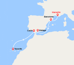 itin&eacute;raire croisi&egrave;re Méditerranée Occidentale : France, Espagne, Canaries 