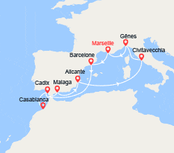 itinéraire croisière Méditerranée Orientale : France, Espagne, Maroc, Italie 