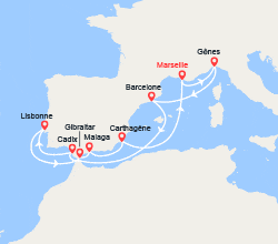 itinéraire croisière Méditerranée Occidentale : France, Italie, Espagne, Portugal, Gibraltar 