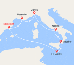 itin&eacute;raire croisi&egrave;re Méditerranée Occidentale : Italie, Malte, Espagne 