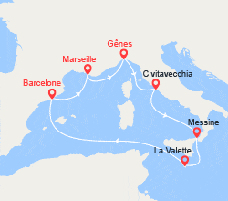 itin&eacute;raire croisi&egrave;re Méditerranée Occidentale : Italie, Sicile, Malte, Barcelone 
