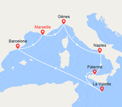 itin&eacute;raire croisi&egrave;re Méditerranée Occidentale : Italie, Sicile, Malte, Barcelone 