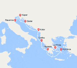 itin&eacute;raire croisi&egrave;re Méditerranée Orientale : Mykonos, Corfou, Monténégro, Croatie, Slovénie 