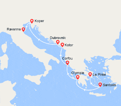 itin&eacute;raire croisi&egrave;re Méditerranée Orientale : Santorin, Corfou, Monténégro, Croatie, Slovénie 