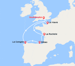 itin&eacute;raire croisi&egrave;re Méditerranée Occidentale : Southampton, La Rochelle, La Corogne, Bilbao, Le Havre 