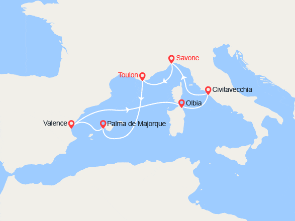 itinéraire croisière Méditerranée Occidentale : Baléares, Espagne, Italie 