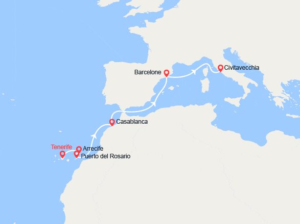 itin&eacute;raire croisi&egrave;re Méditerranée Occidentale : Canaries, Maroc, Espagne, Italie... 