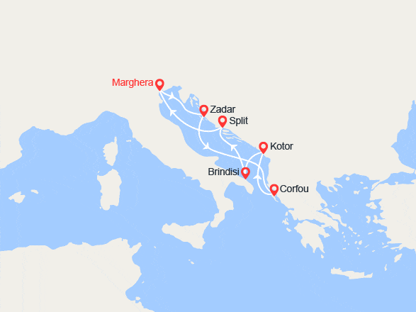 itin&eacute;raire croisi&egrave;re Méditerranée Orientale : Croatie, Corfou, Monténégro, Italie 