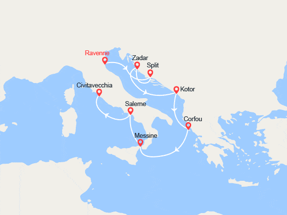 itin&eacute;raire croisi&egrave;re Méditerranée Orientale : De Ravenne à Civitavecchia : Croatie, Monténégro, Corfou, Sicile, Côte d'Amalfi 