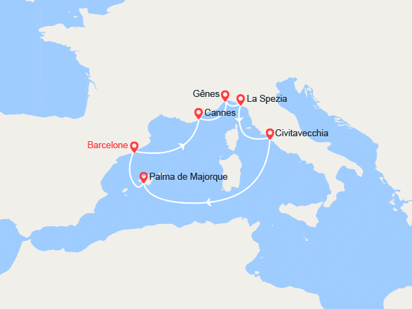 itin&eacute;raire croisi&egrave;re Méditerranée : Espagne, France, Italie 