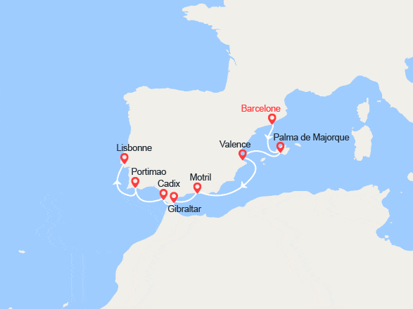 itin&eacute;raire croisi&egrave;re Méditerranée Occidentale : Espagne, Gibraltar, Portugal 