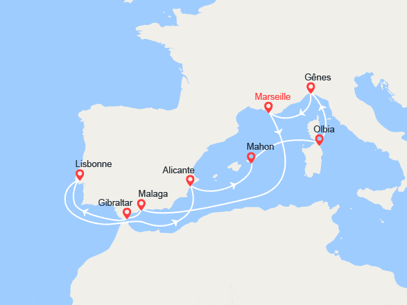itin&eacute;raire croisi&egrave;re Méditerranée Occidentale : Espagne, Gibraltar, Portugal, Minorque, Sardaigne, Italie 