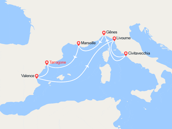 itin&eacute;raire croisi&egrave;re Méditerranée Occidentale : Espagne, Italie, France 