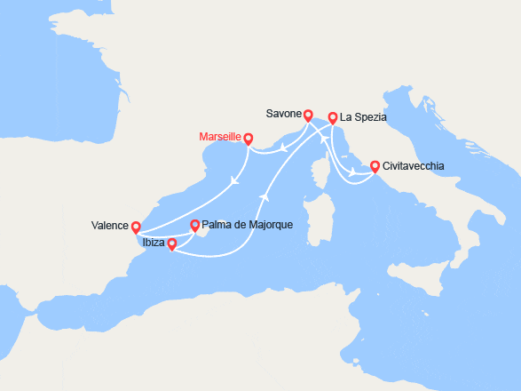 itinéraire croisière Méditerranée Occidentale : Espagne, Majorque, Ibiza, Italie 