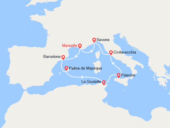 itin&eacute;raire croisi&egrave;re Méditerranée Occidentale : Espagne, Majorque, Tunisie, Sicile, Italie 
