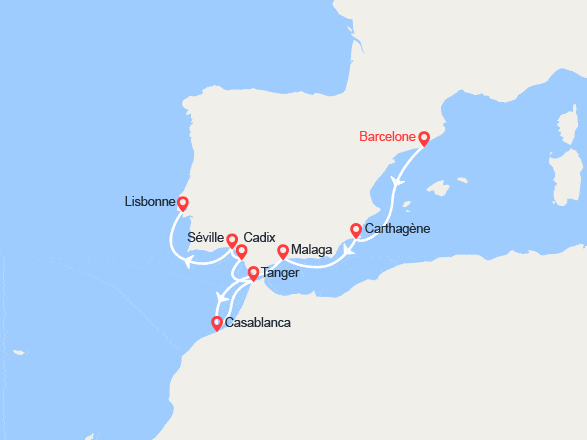 itin&eacute;raire croisi&egrave;re Méditerranée Occidentale : Espagne, Maroc, Portugal 