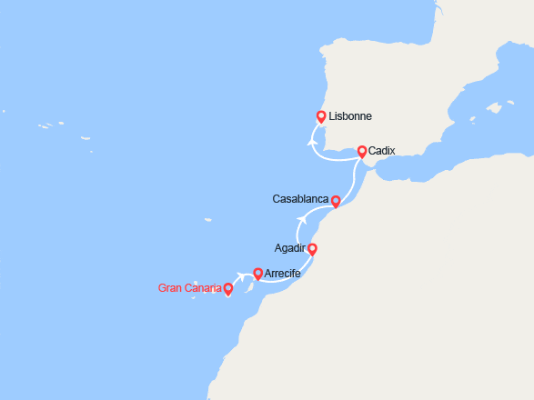 itin&eacute;raire croisi&egrave;re Méditerranée Occidentale : Espagne, Maroc, Portugal 
