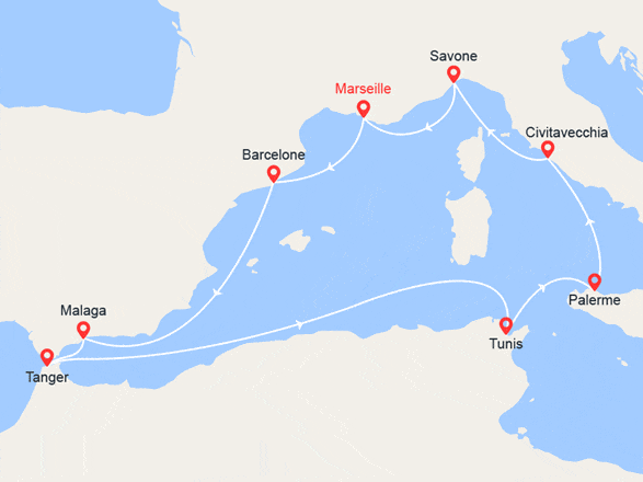 itinéraire croisière Méditerranée Occidentale : Espagne, Maroc, Tunisie, Sicile, Italie 
