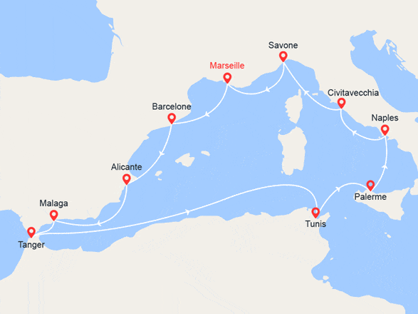 itinéraire croisière Méditerranée Occidentale : Espagne, Maroc, Tunisie, Sicile, Italie 