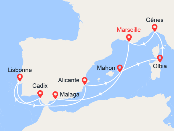itin&eacute;raire croisi&egrave;re Méditerranée Occidentale : Espagne, Portugal, Sardaigne, Italie 