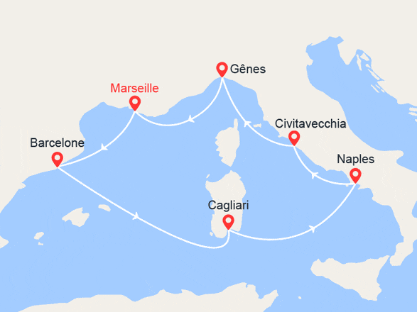 itin&eacute;raire croisi&egrave;re Méditerranée Occidentale : Espagne, Sardaigne, Italie 