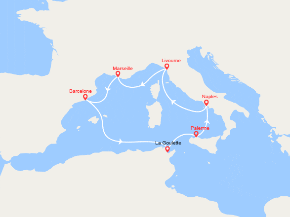 itin&eacute;raire croisi&egrave;re Méditerranée Occidentale : Espagne, Tunisie, Italie, France 