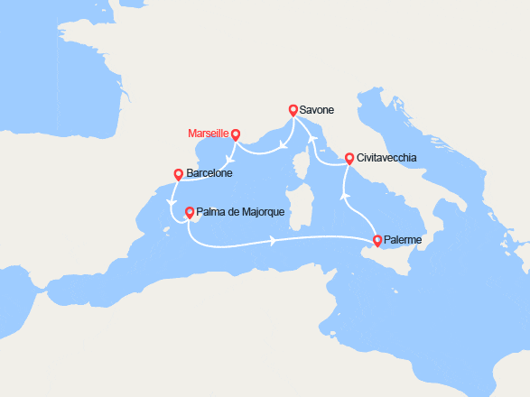 itinéraire croisière Méditerranée Occidentale : France, Espagne, Baléares, Italie 