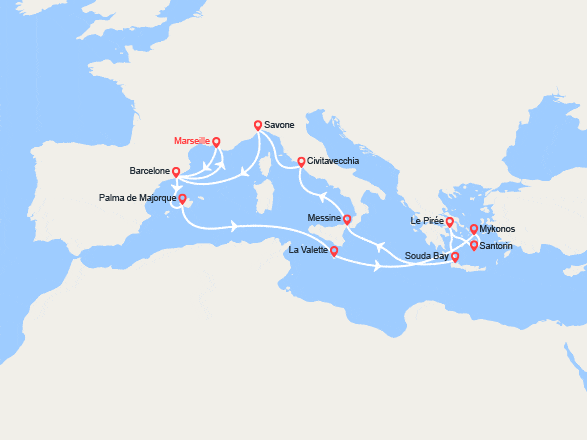 itin&eacute;raire croisi&egrave;re Méditerranée Orientale : France, Espagne, Baléares, Malte, Grèce, Italie 