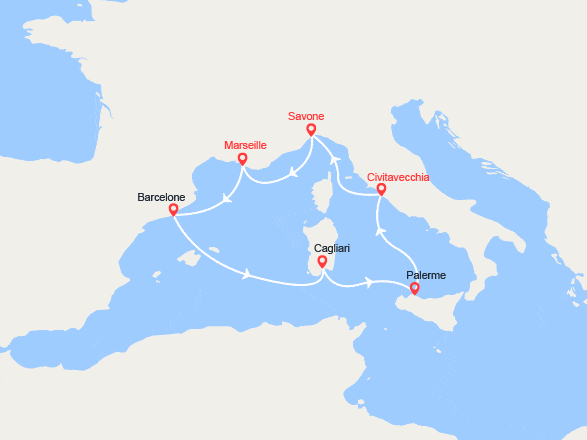 itin&eacute;raire croisi&egrave;re Méditerranée : France, Espagne, Italie 