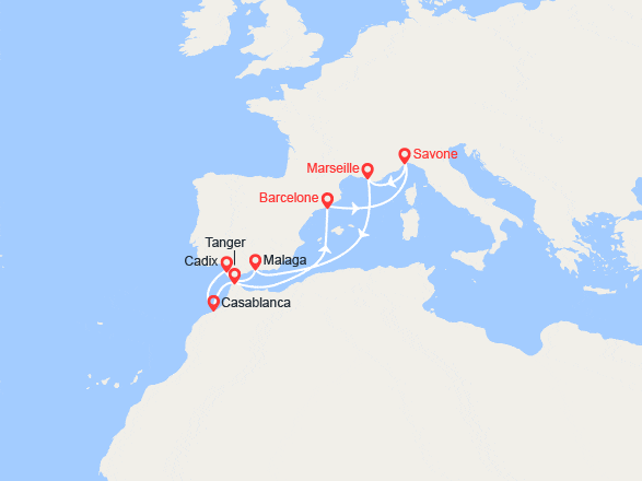 itin&eacute;raire croisi&egrave;re Méditerranée Orientale : France, Espagne, Maroc, Italie 