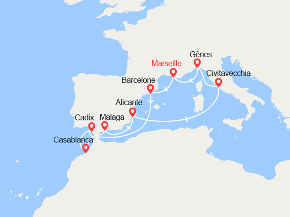 itinéraire croisière Méditerranée Orientale : France, Espagne, Maroc, Italie 