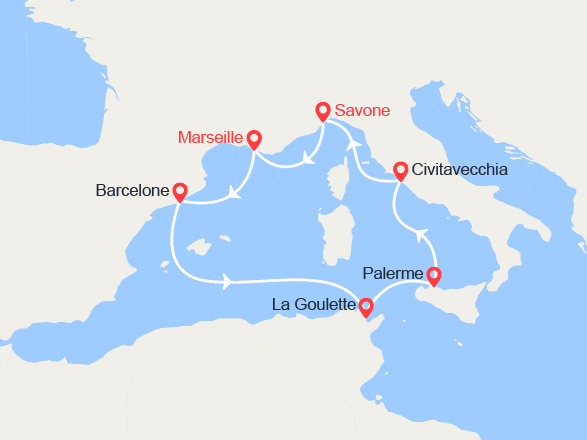 itin&eacute;raire croisi&egrave;re Méditerranée Occidentale : France, Espagne, Tunisie, Italie 