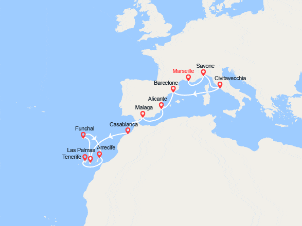 itin&eacute;raire croisi&egrave;re Transatlantique : France, Italie, Espagne, Maroc, Canaries, Madère 