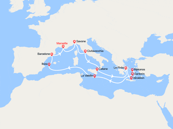 itin&eacute;raire croisi&egrave;re Méditerranée Occidentale : France, Italie, Grèce, Malte, Baléares, Espagne 