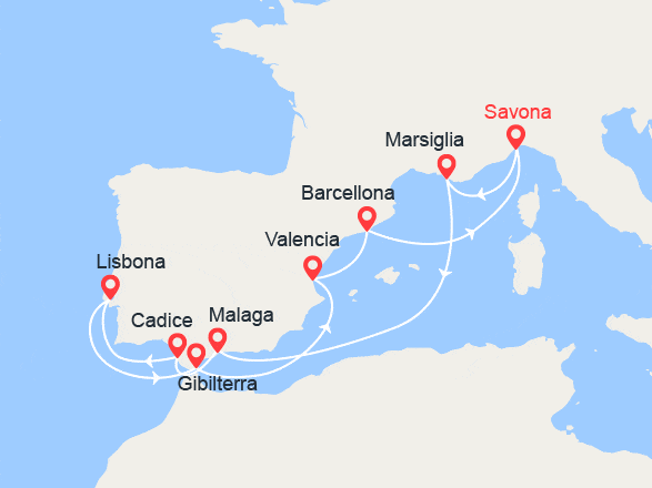 itinéraire croisière Mediterraneo Occidentale : Francia, Spagna, Portogallo, Gibilterra 